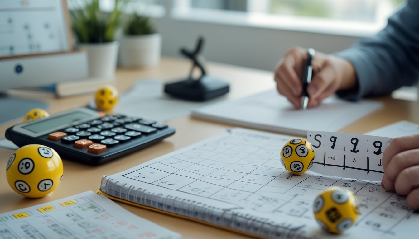 Seorang pria sedang menganalisis tiket togel dan diagram kombinasi angka di meja kerja dengan bola togel bernomor dan alat tulis.