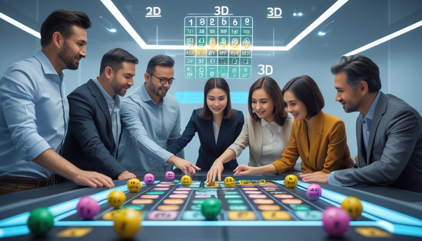 Orang-orang sedang bermain permainan lotre kombinasi 2D dan 3D dengan bola lotre dan elemen digital di sebuah meja permainan.