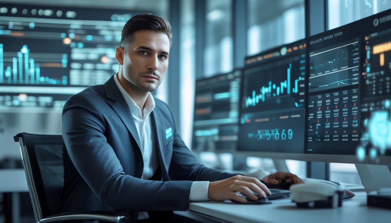 Seorang profesional duduk di meja dengan layar digital menampilkan grafik dan data prediksi dalam kantor modern.