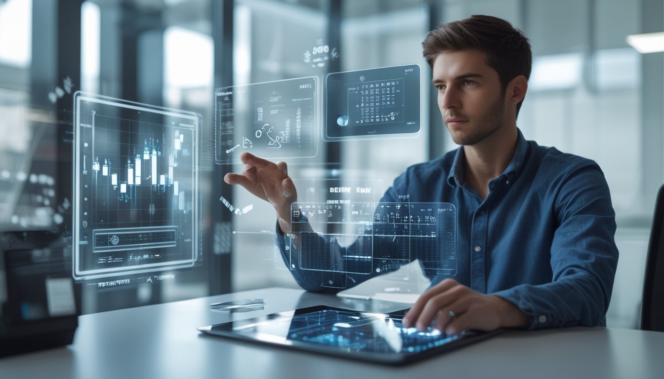 Seorang dewasa muda sedang menganalisis data prediksi menggunakan perangkat digital di kantor modern.
