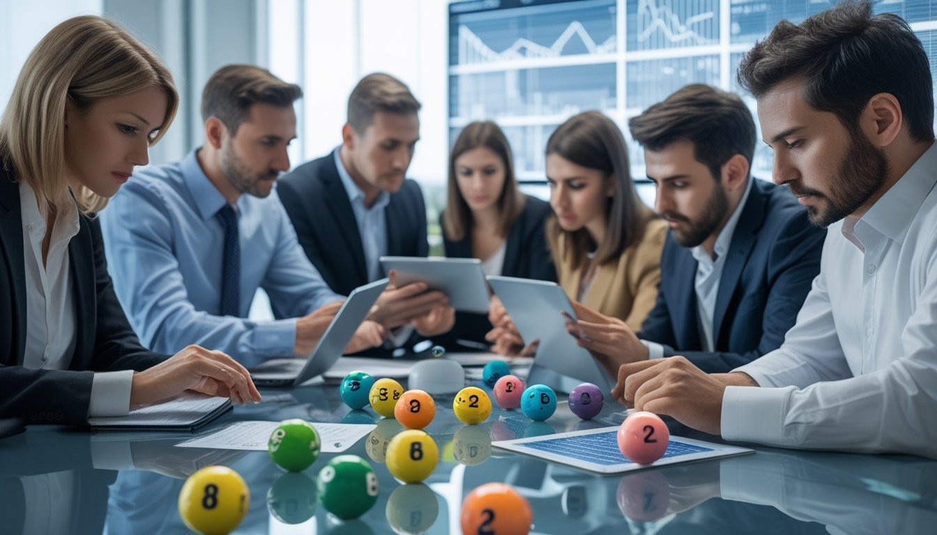 Sekelompok orang dewasa sedang menganalisis data dan angka lotre di meja kerja dengan bola lotre berwarna dan layar digital di latar belakang.