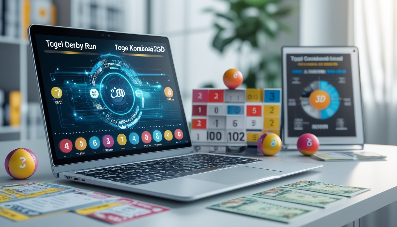 Meja kerja dengan laptop, bola bernomor warna-warni, tiket lotre, dan grafik statistik yang menunjukkan konsep permainan togel.