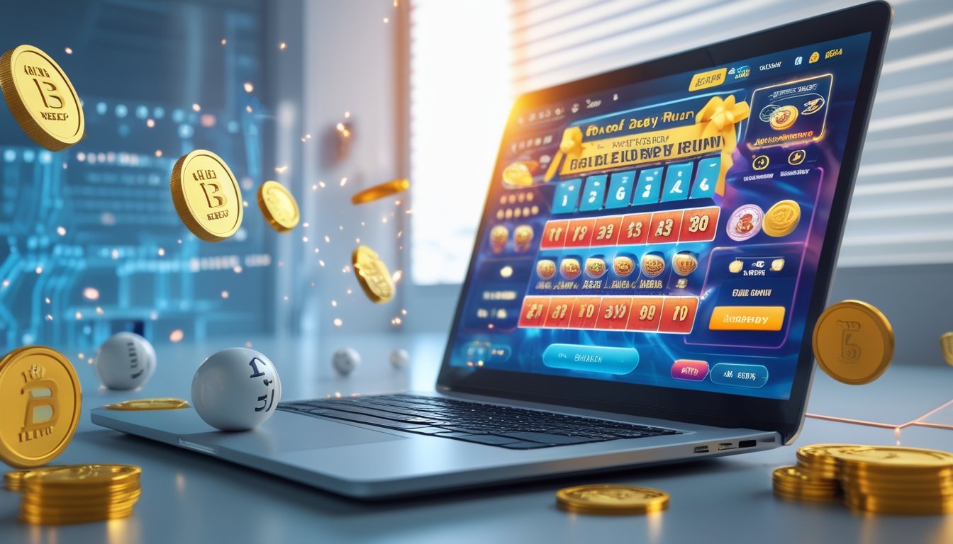 Seorang pengguna duduk di depan laptop dengan layar menampilkan antarmuka permainan lotre online, dikelilingi oleh koin emas dan bola lotre yang berkilauan.