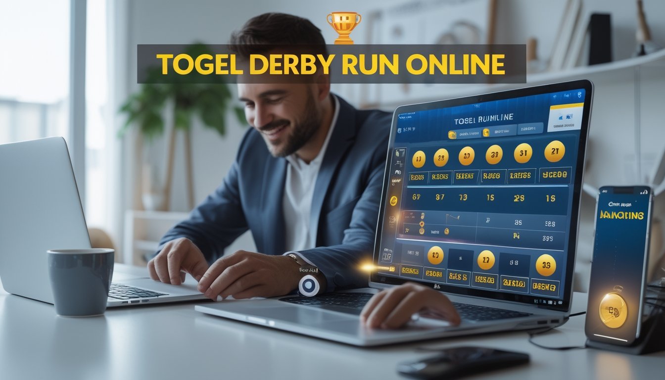Seorang pengguna duduk di depan laptop dan ponsel dengan tampilan aplikasi taruhan online, di meja yang rapi dengan secangkir kopi.