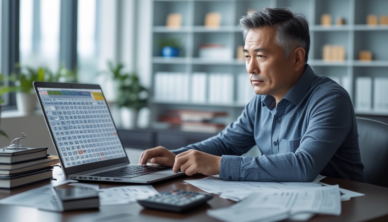 Seorang pria Asia duduk di meja kantor sambil menganalisis data di laptop dengan kertas dan kalkulator di sekitarnya.