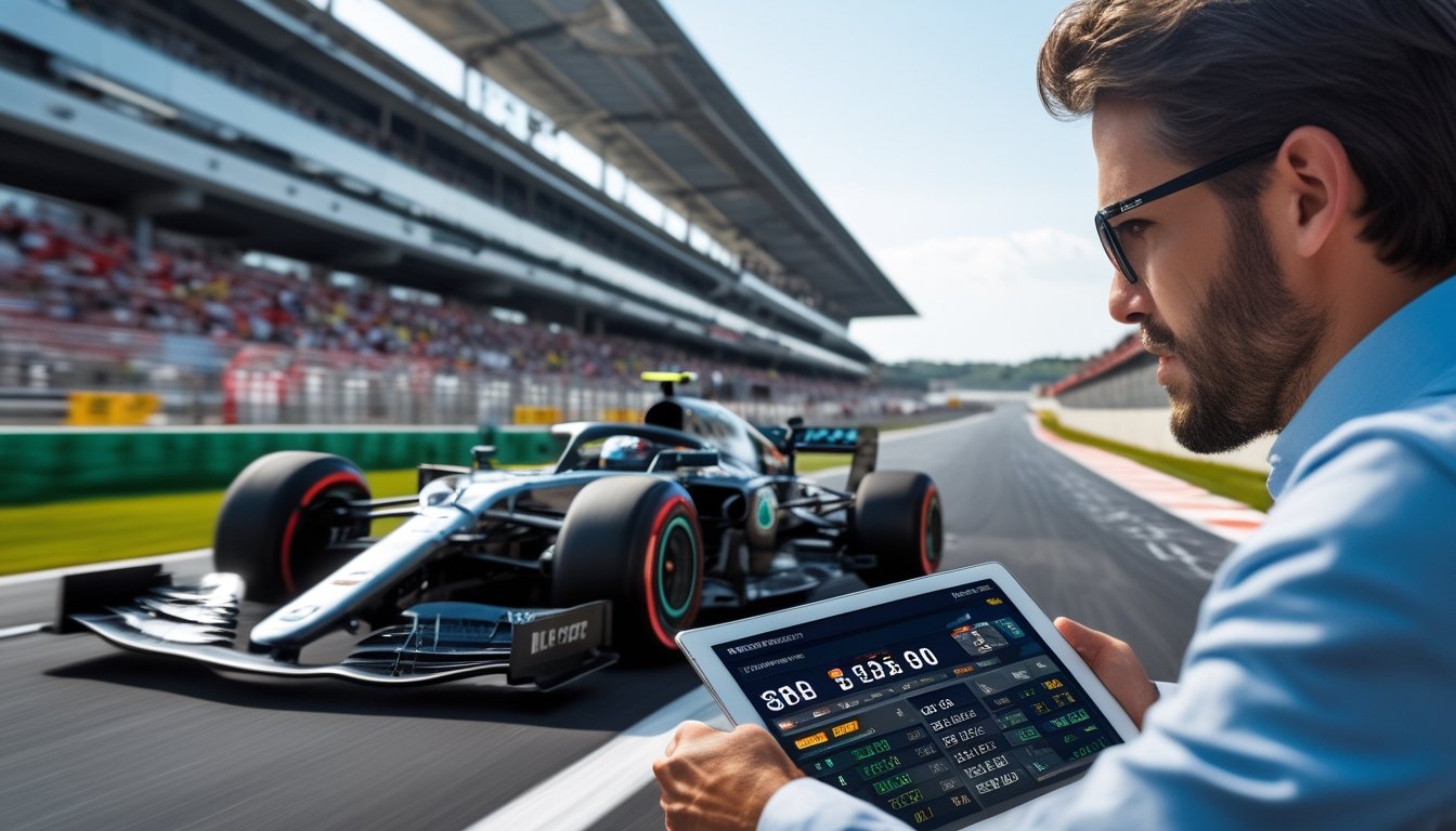 Seorang petaruh profesional sedang menganalisis data balap Formula 1 dengan mobil balap sedang melaju cepat di lintasan di latar belakang.