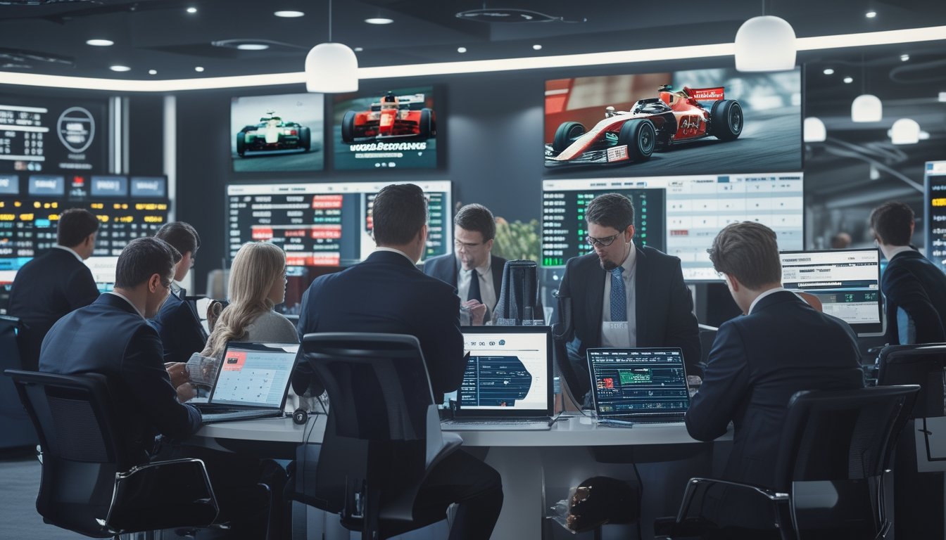 Sekelompok orang profesional sedang memasang taruhan dan menganalisis data di sebuah ruang taruhan Formula 1 dengan layar besar menampilkan balapan dan peluang taruhan.