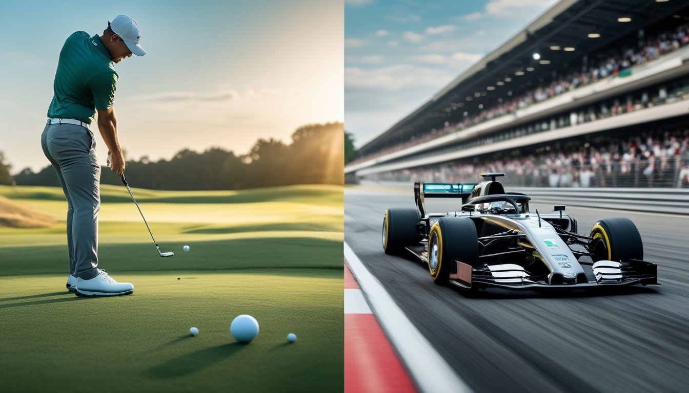Pemandangan lapangan golf dengan pemain sedang mengayunkan tongkat golf di sebelah kiri dan mobil balap Formula 1 melaju kencang di lintasan balap di sebelah kanan.