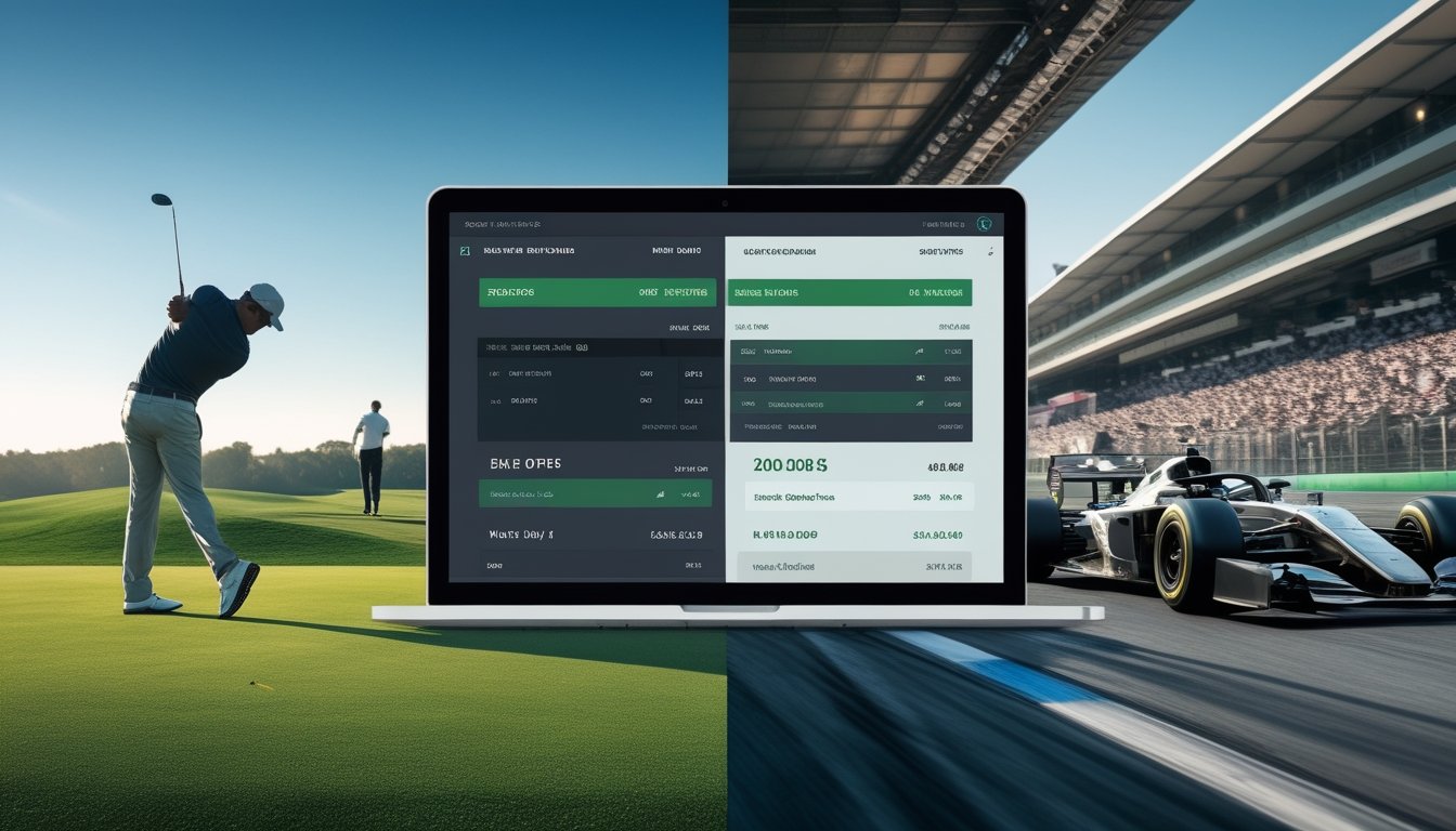 Pemandangan terbagi antara lapangan golf dengan pemain yang sedang memukul bola dan lintasan balap Formula 1 dengan mobil balap yang melaju cepat, di depan terdapat layar perangkat digital yang menampilkan data taruhan.