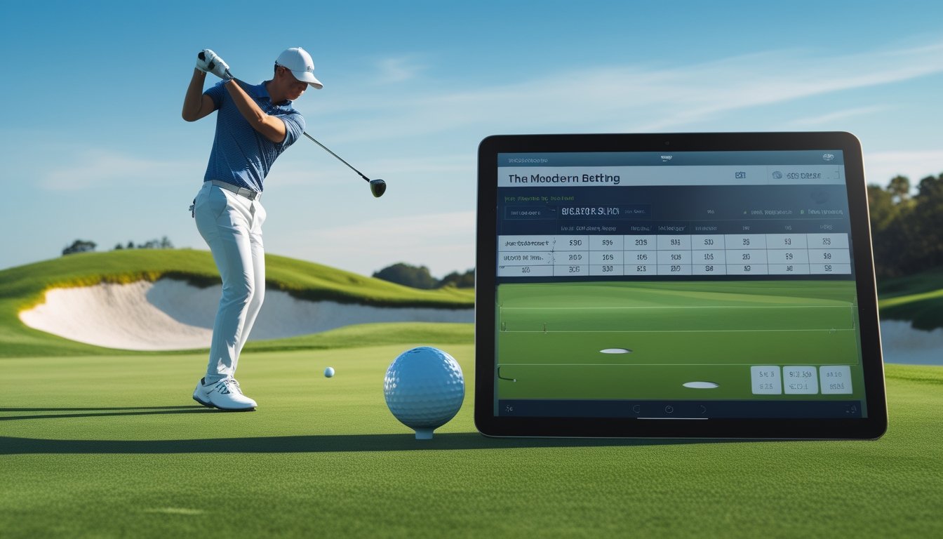 Seorang pegolf sedang mengayunkan stik golf di lapangan golf modern dengan latar langit cerah dan perangkat digital yang menampilkan statistik taruhan golf.