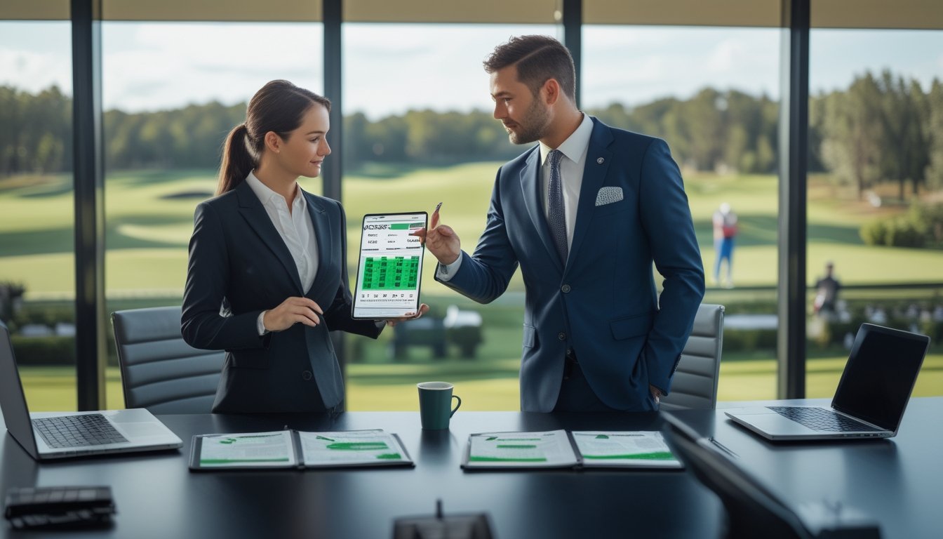Dua orang berdiskusi di kantor dengan pemandangan lapangan golf di luar jendela, sambil melihat data dan statistik taruhan golf di tablet.