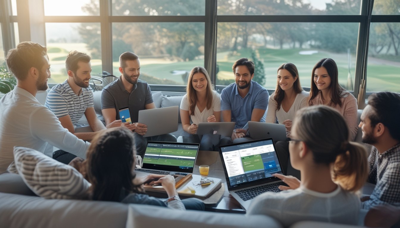 Sekelompok orang dari berbagai tingkat pengalaman menggunakan perangkat digital untuk taruhan golf online di ruangan yang cerah dan nyaman dengan pemandangan lapangan golf.