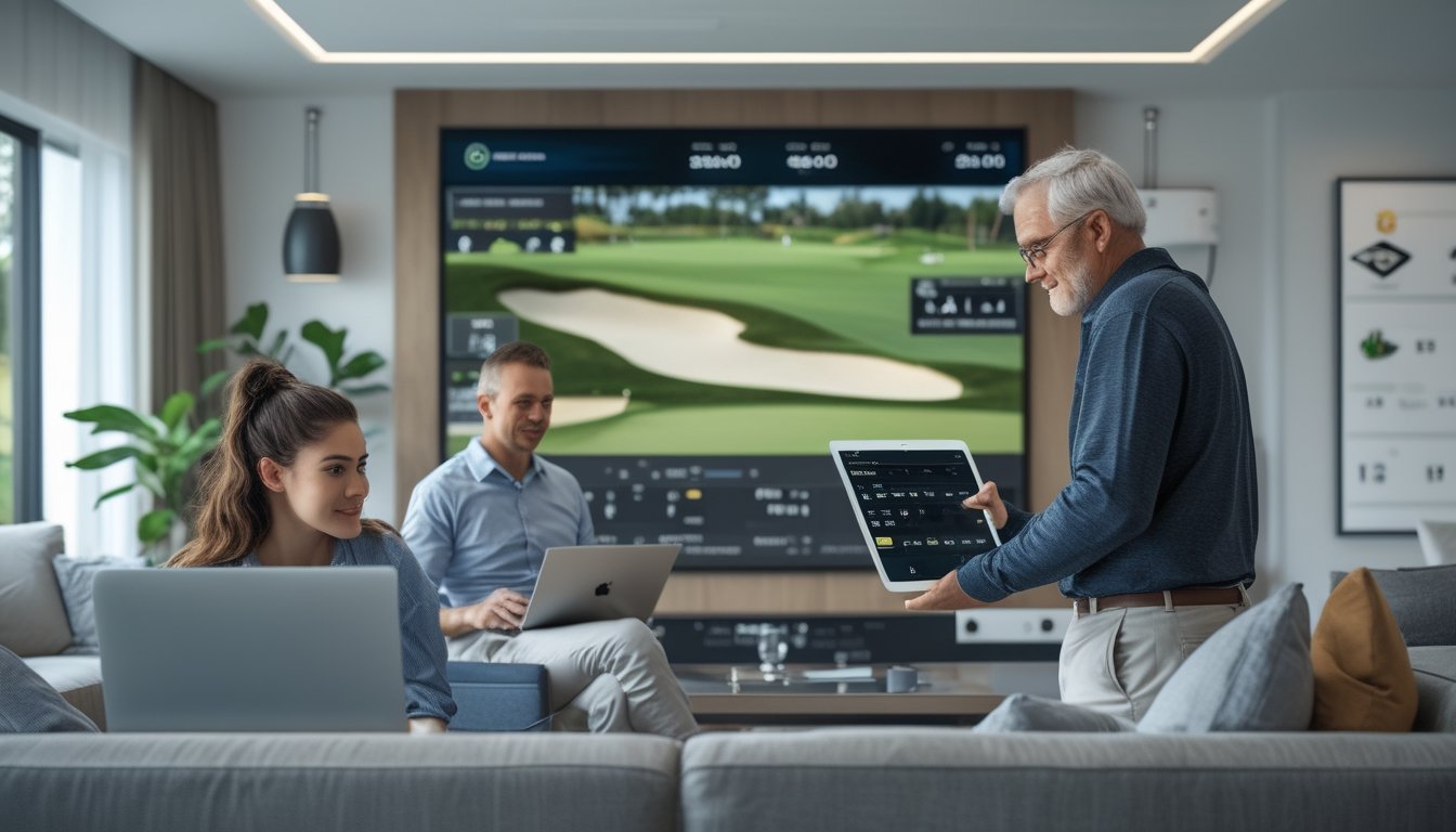 Sekelompok orang dengan berbagai usia menggunakan perangkat digital untuk taruhan golf online di ruang tamu modern.