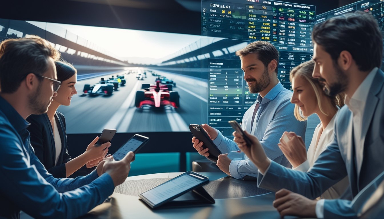Orang-orang sedang menggunakan perangkat digital untuk memasang taruhan secara langsung pada balapan Formula 1 dengan layar besar menampilkan balapan dan informasi taruhan secara real time.