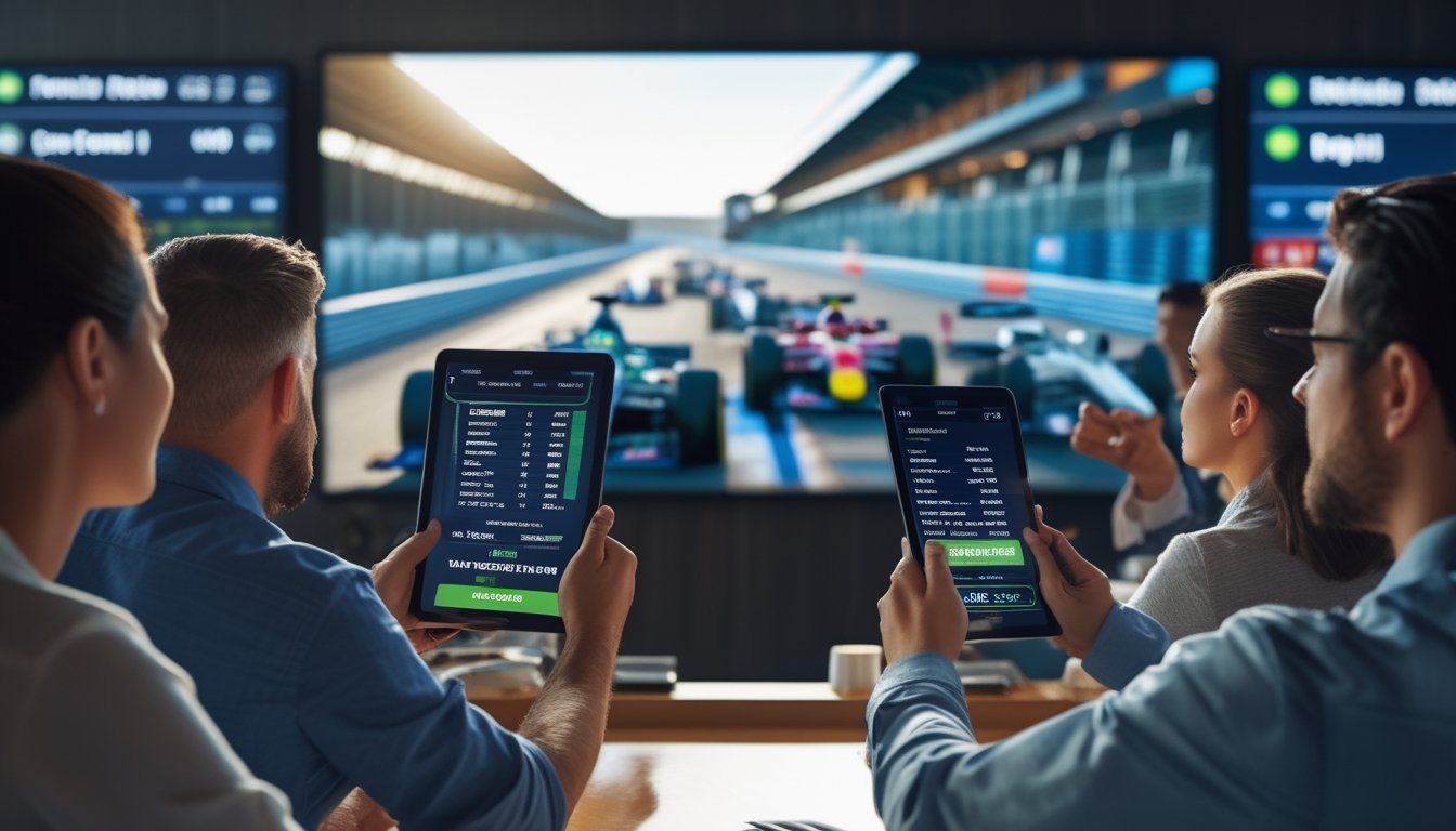 Orang-orang fokus menggunakan perangkat digital untuk taruhan langsung Formula 1 dengan latar belakang balapan mobil Formula 1 yang sedang berlangsung.