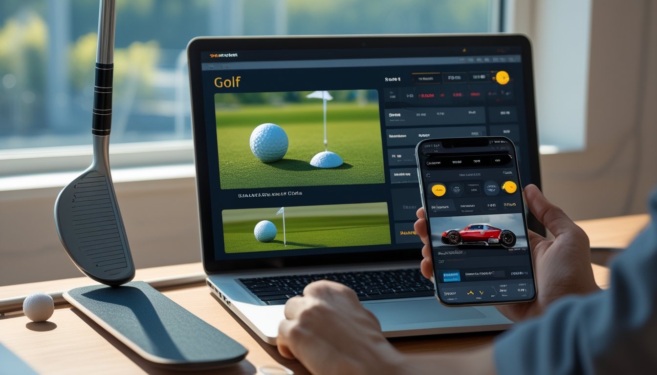 Meja kerja dengan laptop menampilkan situs taruhan golf dan Formula 1, dilengkapi klub golf dan model mobil Formula 1, serta tangan memegang ponsel dengan statistik pertandingan.