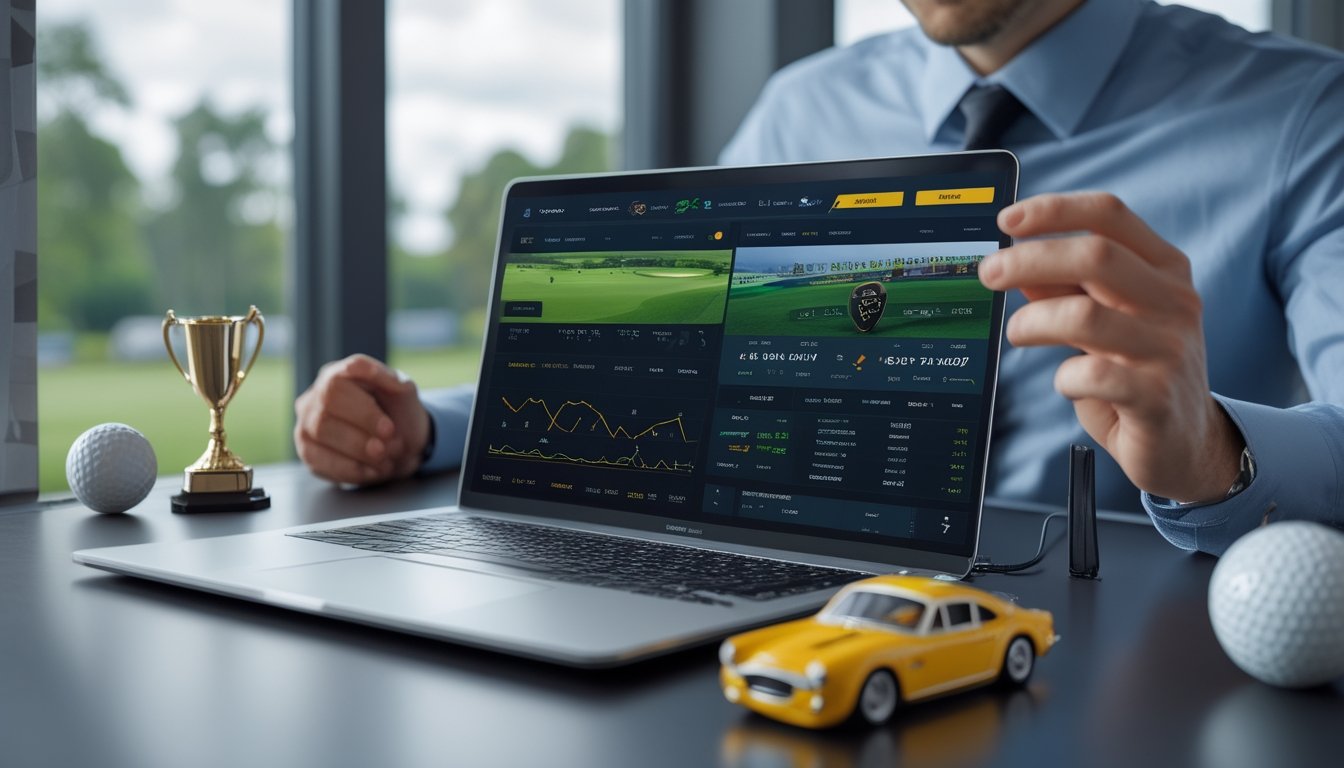 Seseorang duduk di depan laptop di ruang kerja dengan tampilan skor golf dan statistik balap Formula 1 di layar, dikelilingi bola golf dan model mobil Formula 1 kecil.