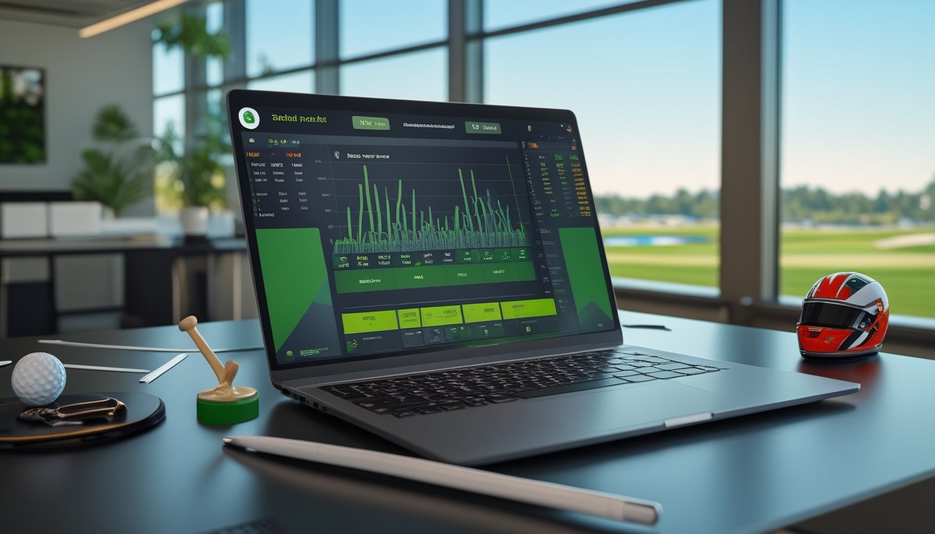 Meja kerja modern dengan laptop yang menampilkan peluang taruhan golf dan Formula 1, dikelilingi oleh perlengkapan golf dan memorabilia Formula 1 di ruang kantor yang terang.