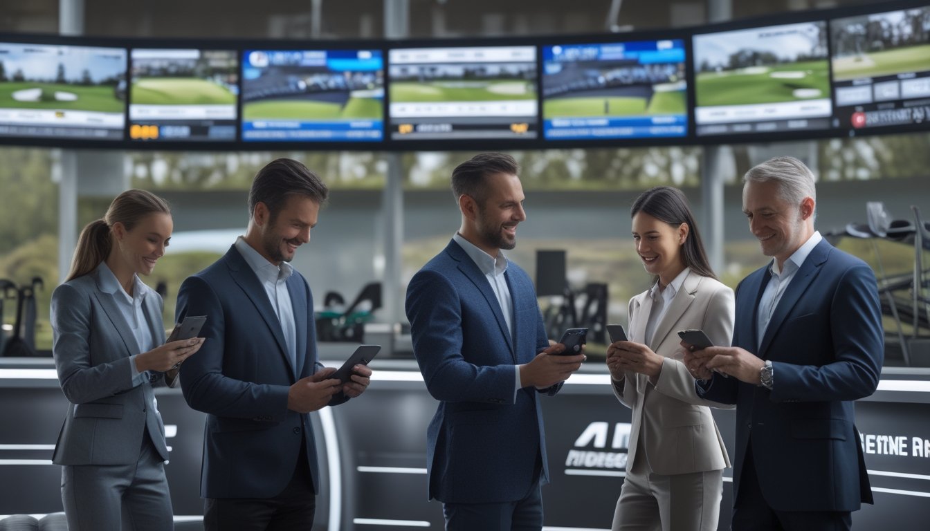 Orang-orang sedang melihat layar dengan pertandingan golf dan balapan Formula 1, menggunakan perangkat digital untuk memasang taruhan.