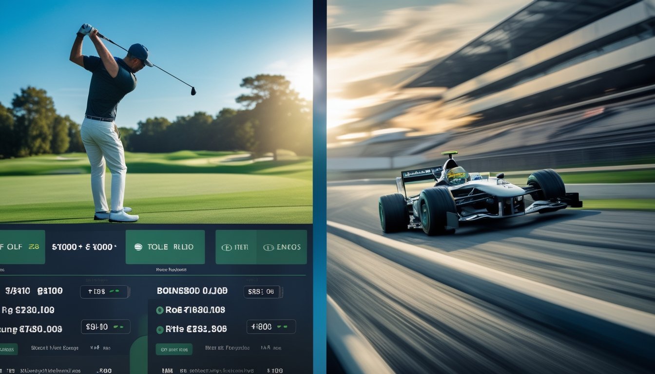 Seorang pegolf sedang melakukan ayunan di lapangan golf hijau dan mobil Formula 1 sedang melaju kencang di lintasan balap.
