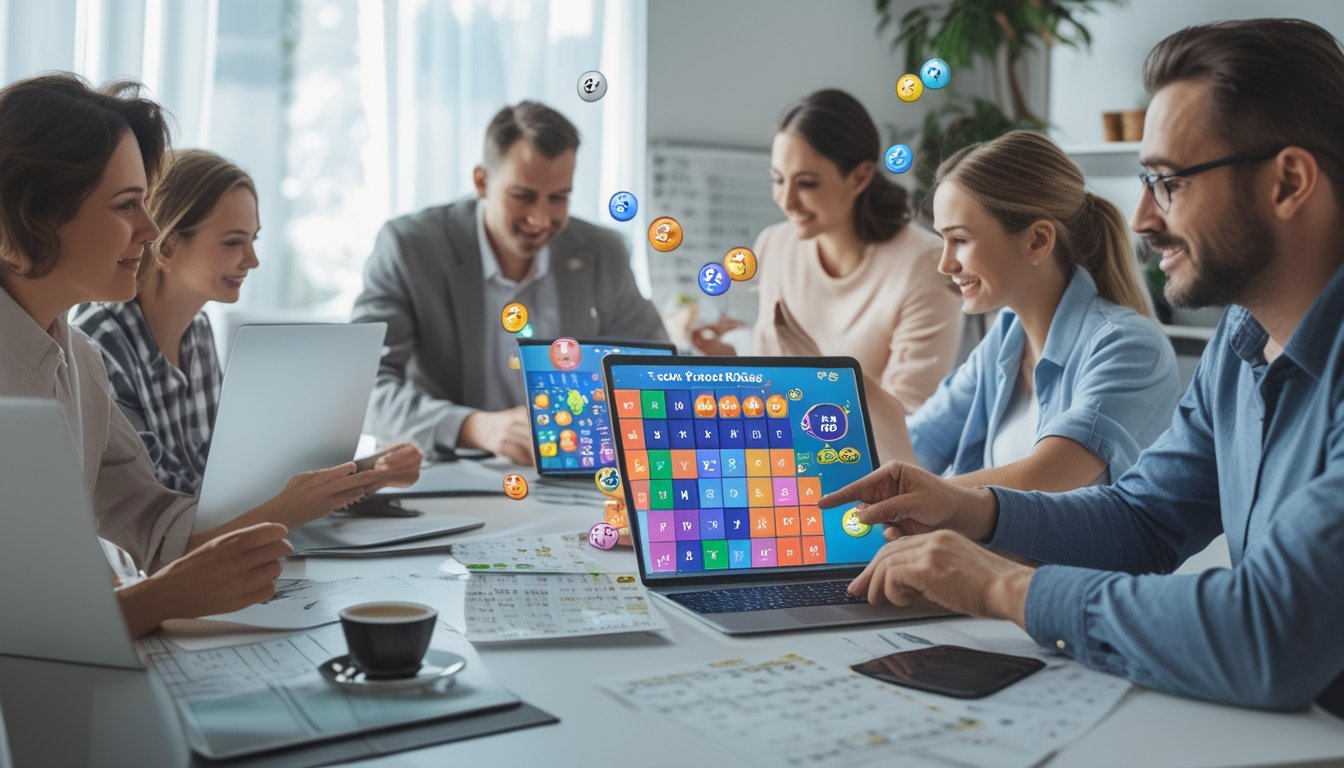 Beberapa orang sedang menggunakan perangkat digital untuk bermain togel online dengan latar ruangan modern yang terang.