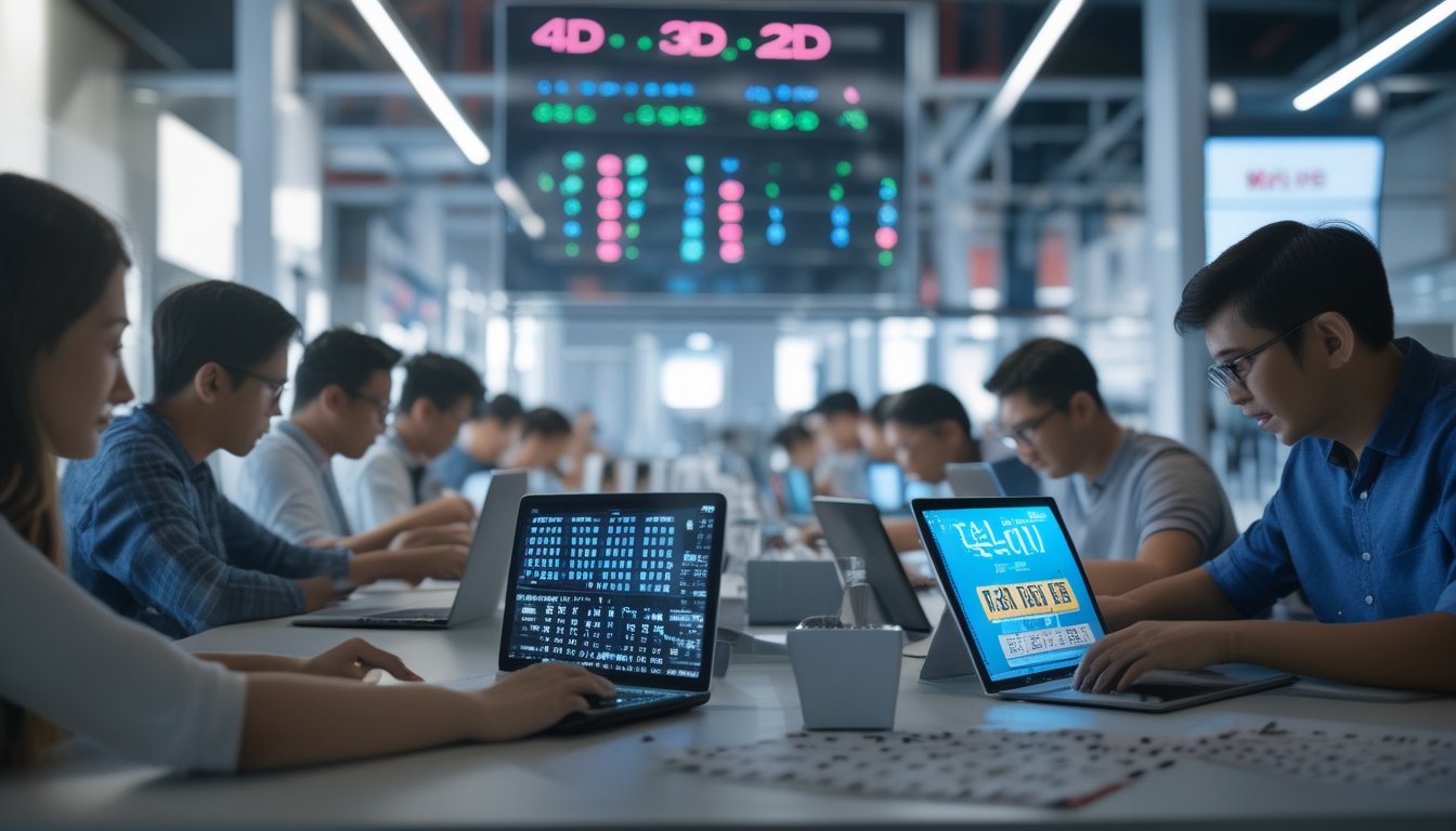 Beberapa orang sedang menggunakan perangkat digital untuk bermain dan menganalisis permainan togel 4D, 3D, dan 2D secara online di sebuah ruang kerja modern.