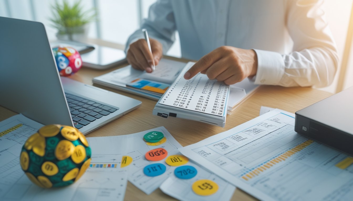 Seseorang sedang menganalisis angka togel di depan laptop dengan kertas dan bola togel di meja.