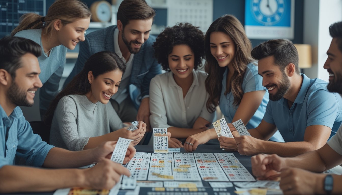 Sekelompok orang sedang berkumpul di sekitar meja dengan tiket togel dan perangkat digital, terlihat serius dan antusias memilih angka.