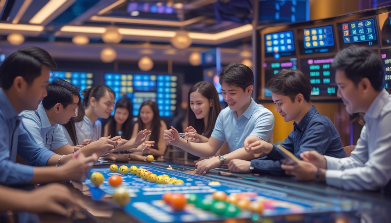 Beberapa orang sedang bermain permainan togel dengan bola nomor dan layar digital di ruangan yang nyaman.