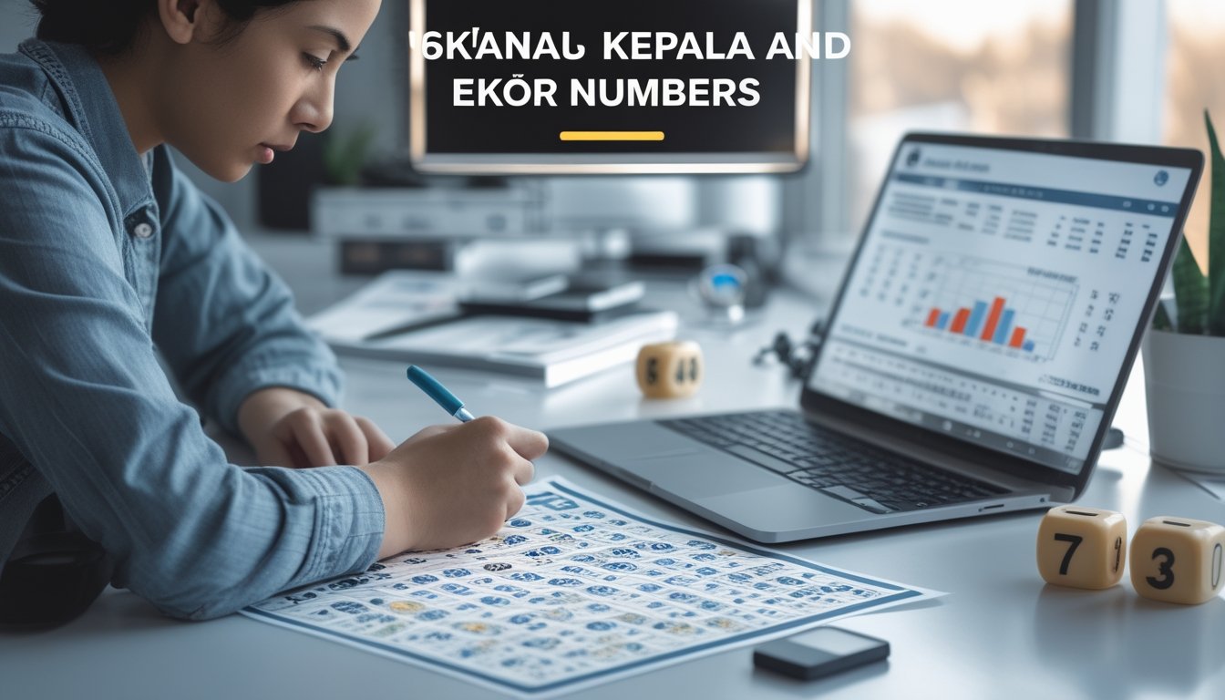 Seseorang sedang menganalisis tiket togel dan grafik peluang dengan alat tulis dan laptop di meja kerja.