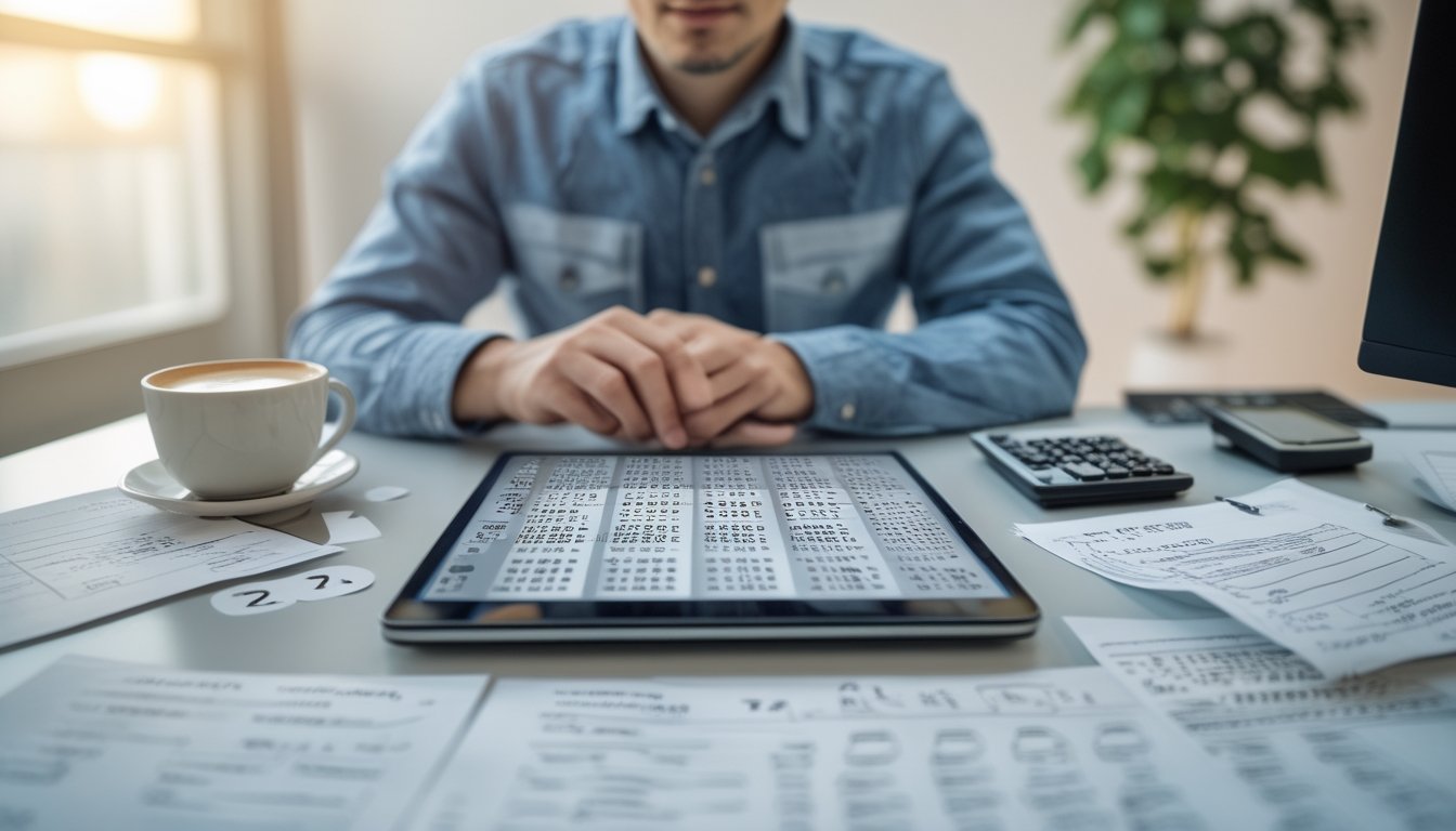 Seseorang duduk di meja dengan laptop dan catatan, fokus menganalisis strategi permainan togel.