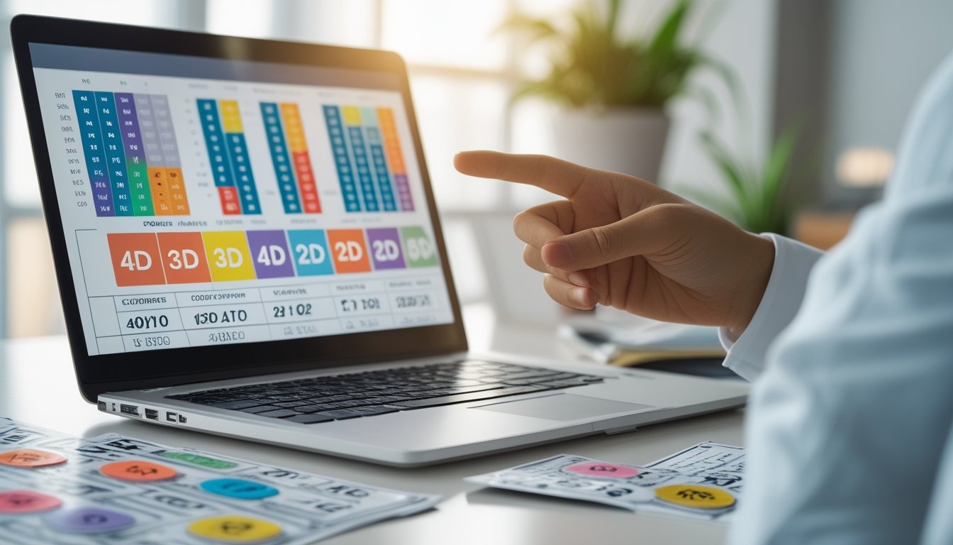 Meja kerja dengan laptop yang menampilkan grafik dan angka togel 4D, 3D, dan 2D, serta tiket togel berwarna berbeda, dengan tangan menunjuk layar laptop.
