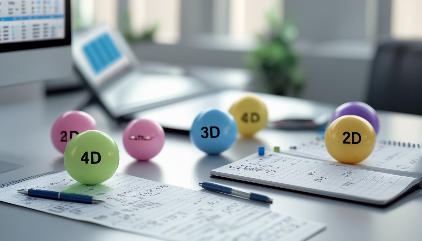 Meja kerja dengan laptop, catatan, dan bola lotre berwarna dengan angka yang mewakili permainan togel 4D, 3D, dan 2D.