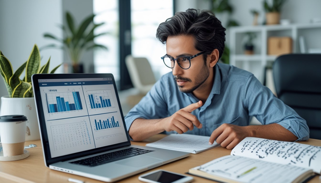 Seseorang sedang menganalisis angka dan grafik di beberapa layar digital di kantor rumah yang rapi dan terang.