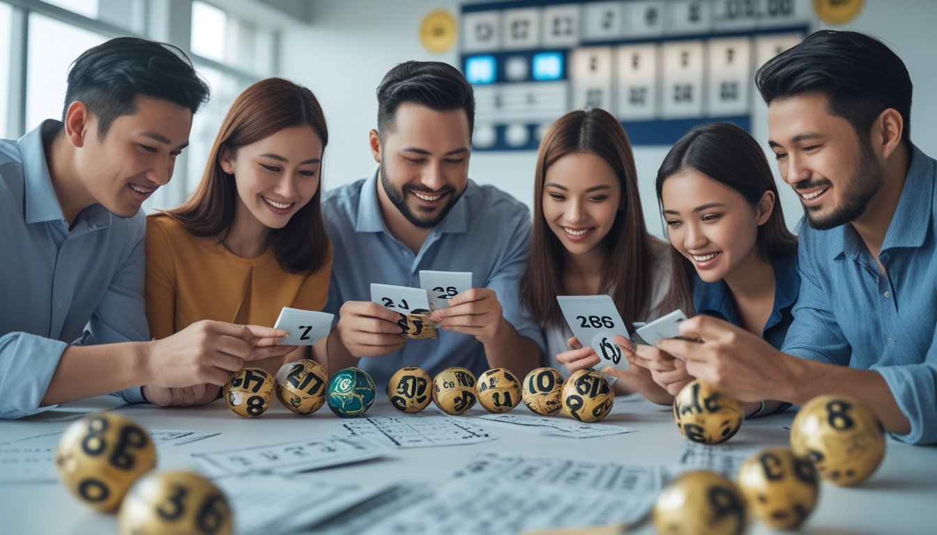 Sekelompok orang sedang memeriksa tiket dan angka togel di lingkungan yang terang dan modern.