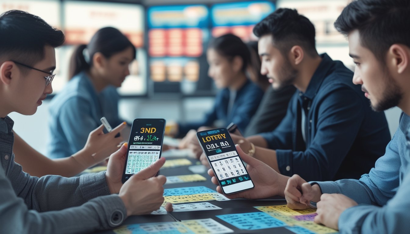 Beberapa orang sedang memilih angka togel 4D, 3D, dan 2D dengan tiket dan perangkat digital di meja.