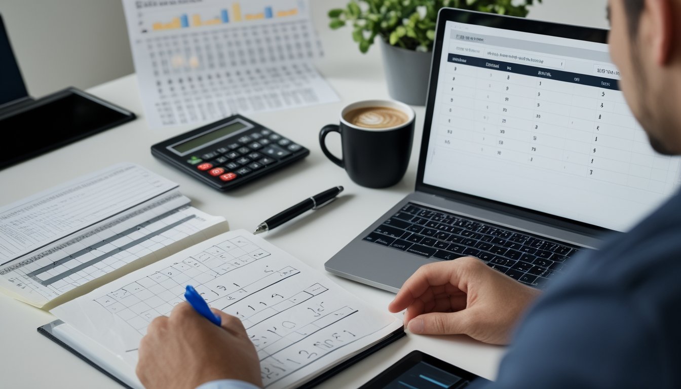 Seseorang sedang menganalisis angka togel dengan laptop, buku catatan, dan kalkulator di meja kerja yang rapi.