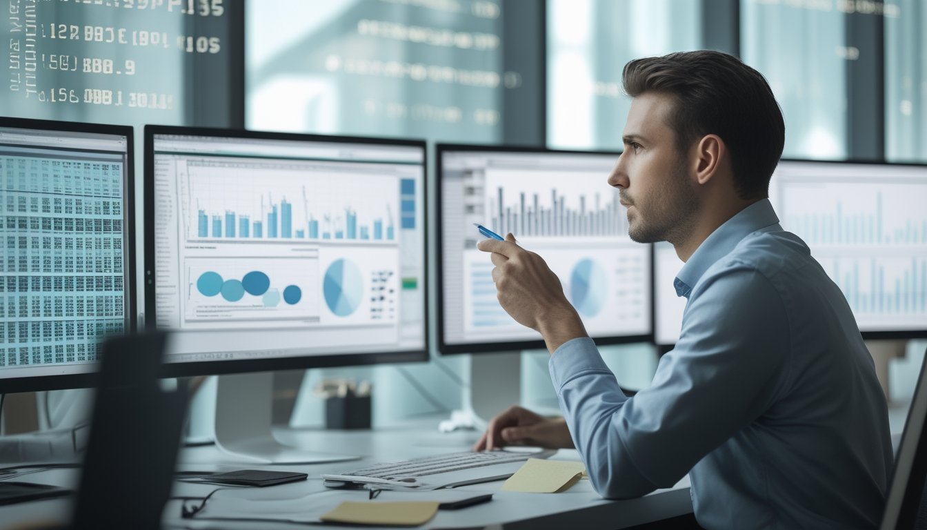 Seorang analis data sedang bekerja di meja kantor dengan beberapa layar komputer menampilkan grafik dan angka, fokus pada analisis data.