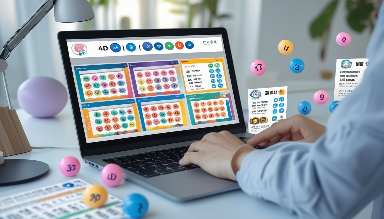 Seseorang menggunakan komputer dengan tampilan situs togel online yang menampilkan angka dan bola togel di meja kerja modern.