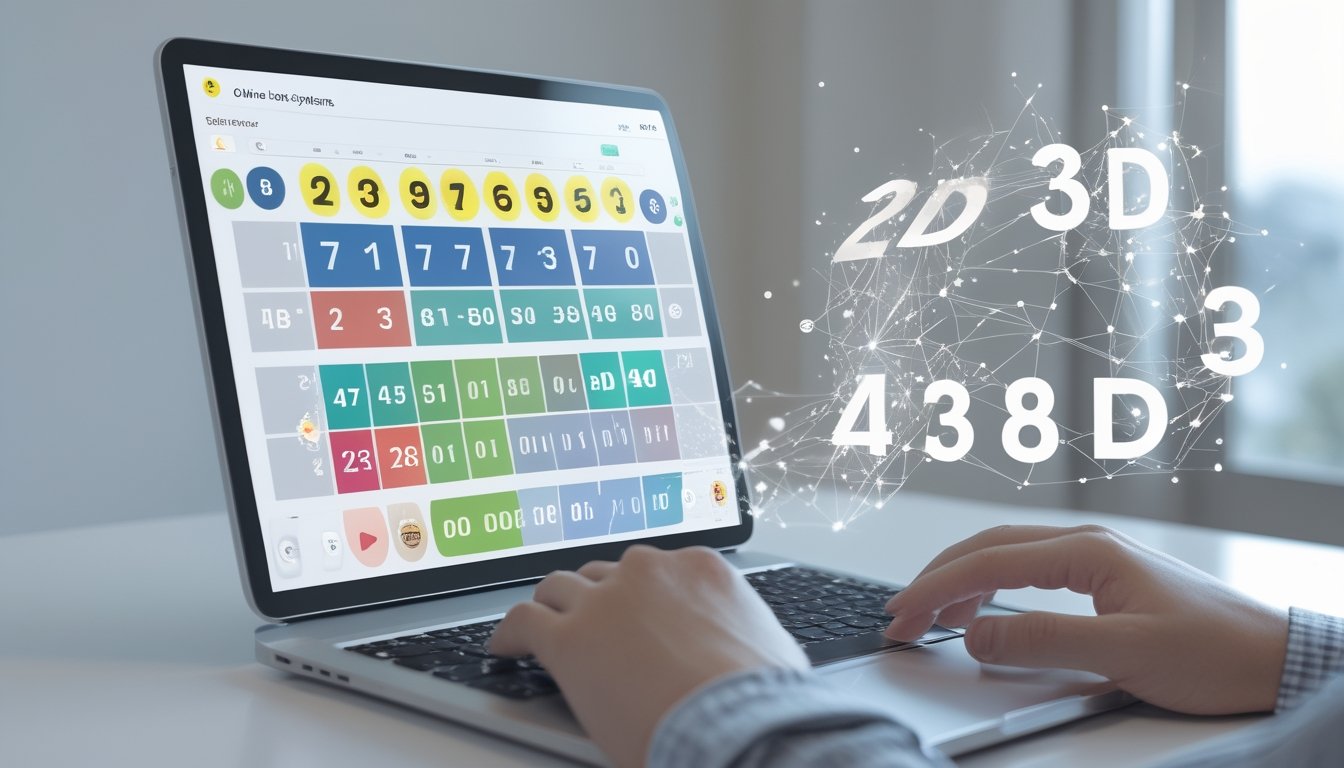 Sebuah laptop menampilkan antarmuka digital dengan angka-angka togel 2D, 3D, dan 4D, dikelilingi oleh elemen grafis yang menggambarkan koneksi online.