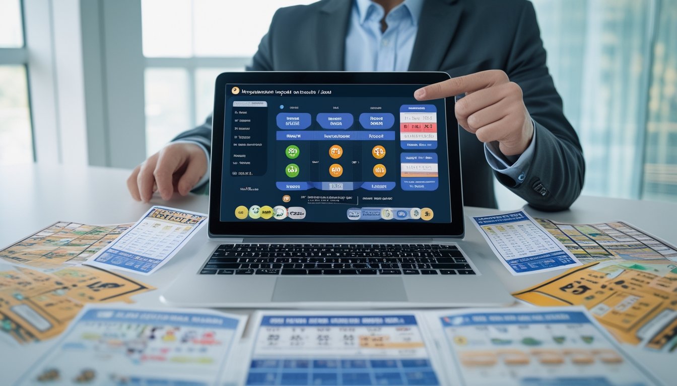 Seseorang menunjukkan layar laptop dengan tampilan antarmuka togel Kepala dan Ekor, dikelilingi tiket togel dan grafik perbandingan jenis togel lainnya di meja kerja.