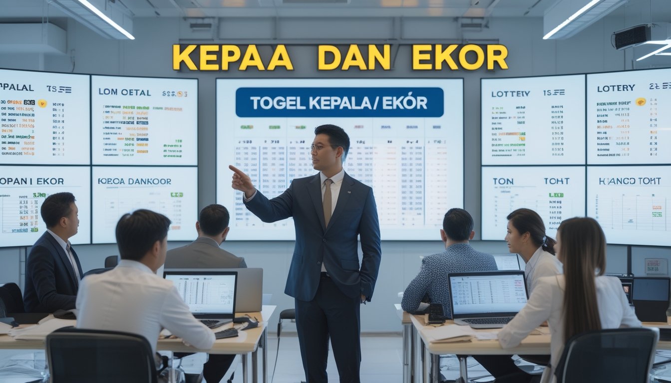 Sekelompok orang di kantor modern sedang menganalisis hasil togel dengan layar digital dan grafik di sekitar mereka.