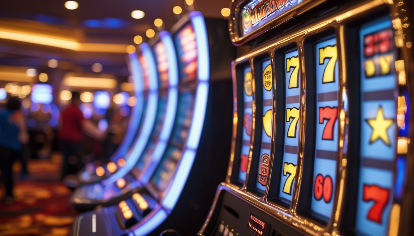 Deretan mesin slot berwarna cerah dengan lampu menyala di dalam kasino yang ramai.