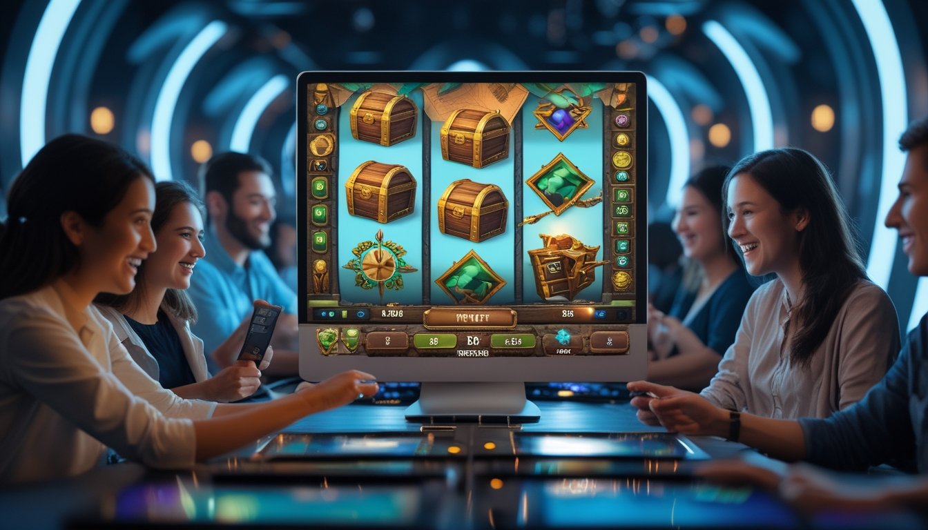 Beberapa orang bermain game slot online bertema petualangan dengan latar belakang mesin slot digital dan simbol harta karun.
