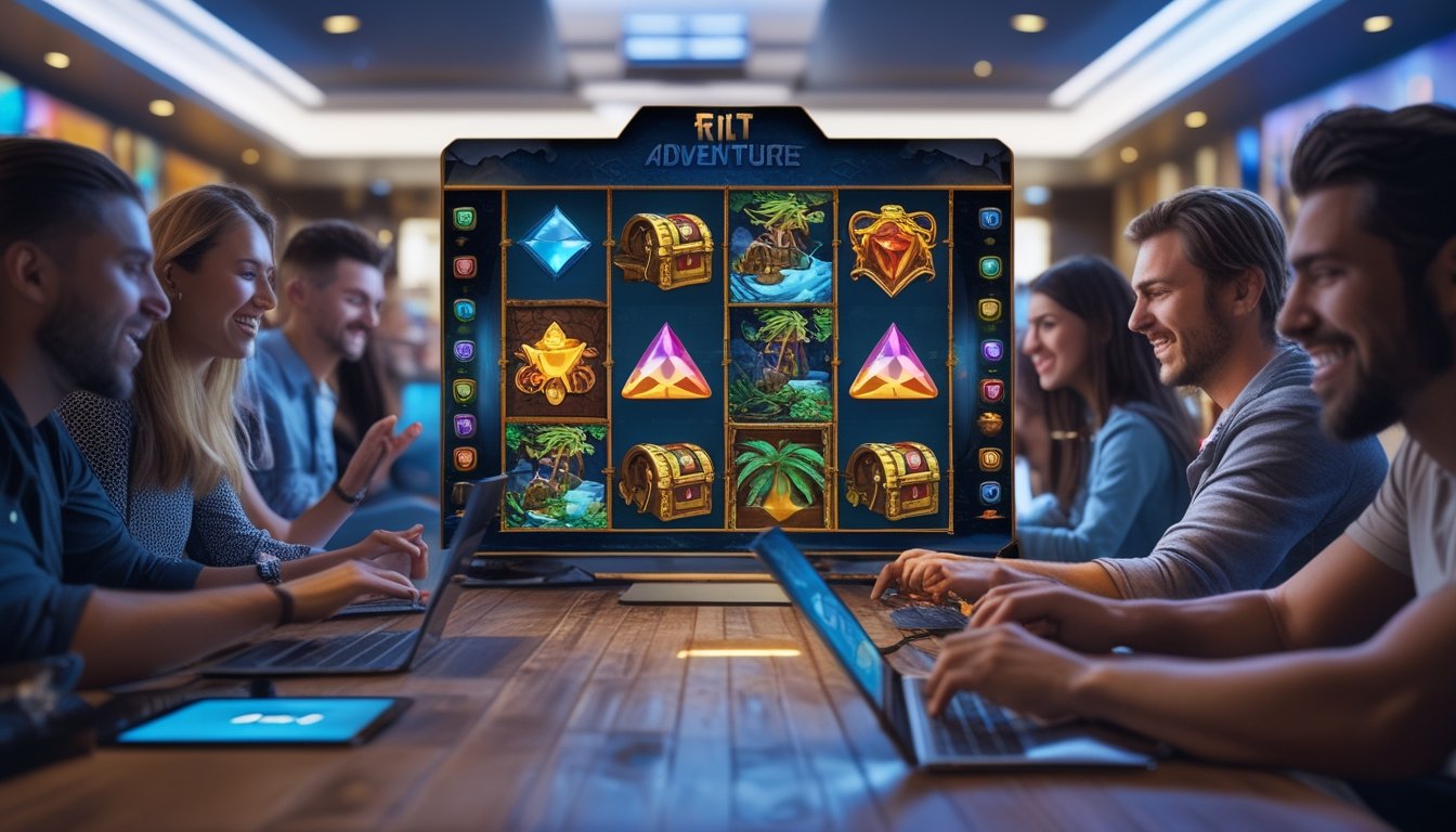 Beberapa orang bermain game slot petualangan online dengan antusias di ruang permainan modern, menampilkan mesin slot digital dengan simbol petualangan berwarna-warni.