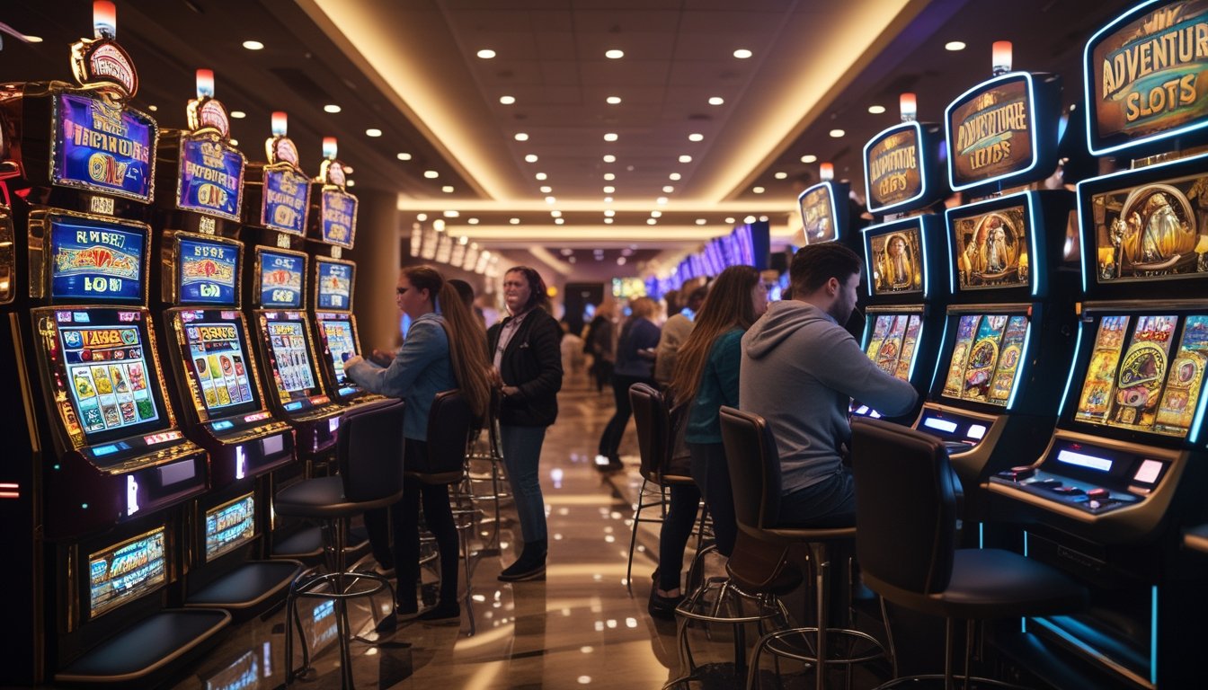 Suasana kasino dengan beberapa orang bermain di mesin slot yang berbeda, satu sisi menampilkan mesin slot klasik dan sisi lain menampilkan mesin slot bertema petualangan.