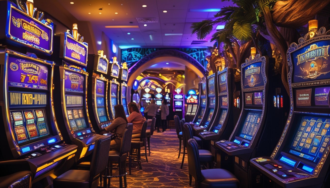 Suasana kasino dengan dua jenis mesin slot, satu bergaya Vegas yang cerah dan klasik, dan satu bergaya petualangan dengan tema hutan dan harta karun.