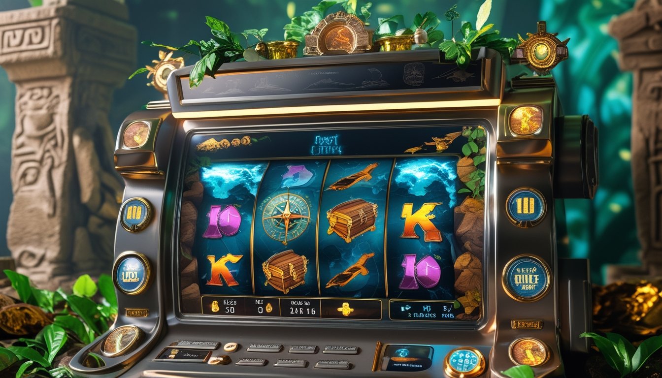 Mesin slot dengan tema petualangan menampilkan simbol petualangan dan bonus interaktif di lingkungan hutan dan reruntuhan kuno.