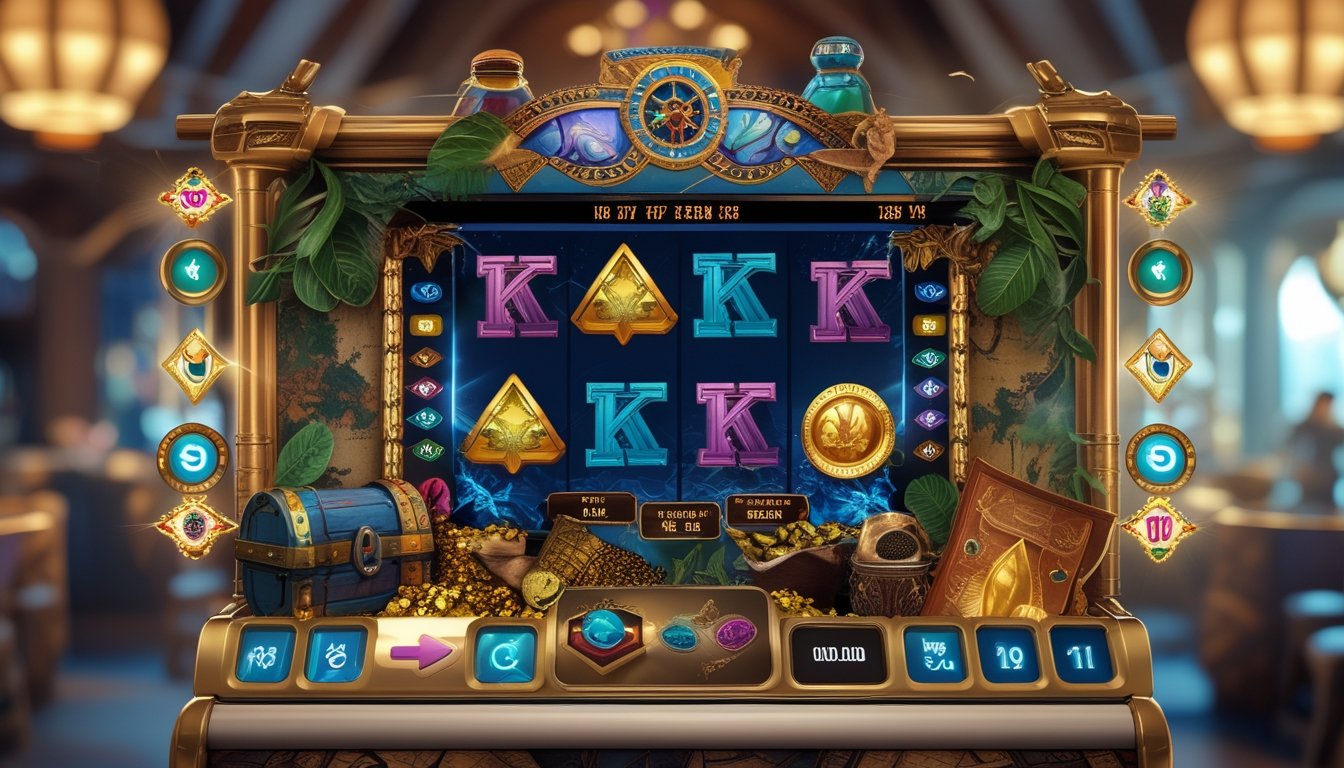 Mesin slot bertema petualangan dengan hiasan peta kuno, harta karun, dan simbol eksplorasi di dalam lingkungan kasino yang ramai.