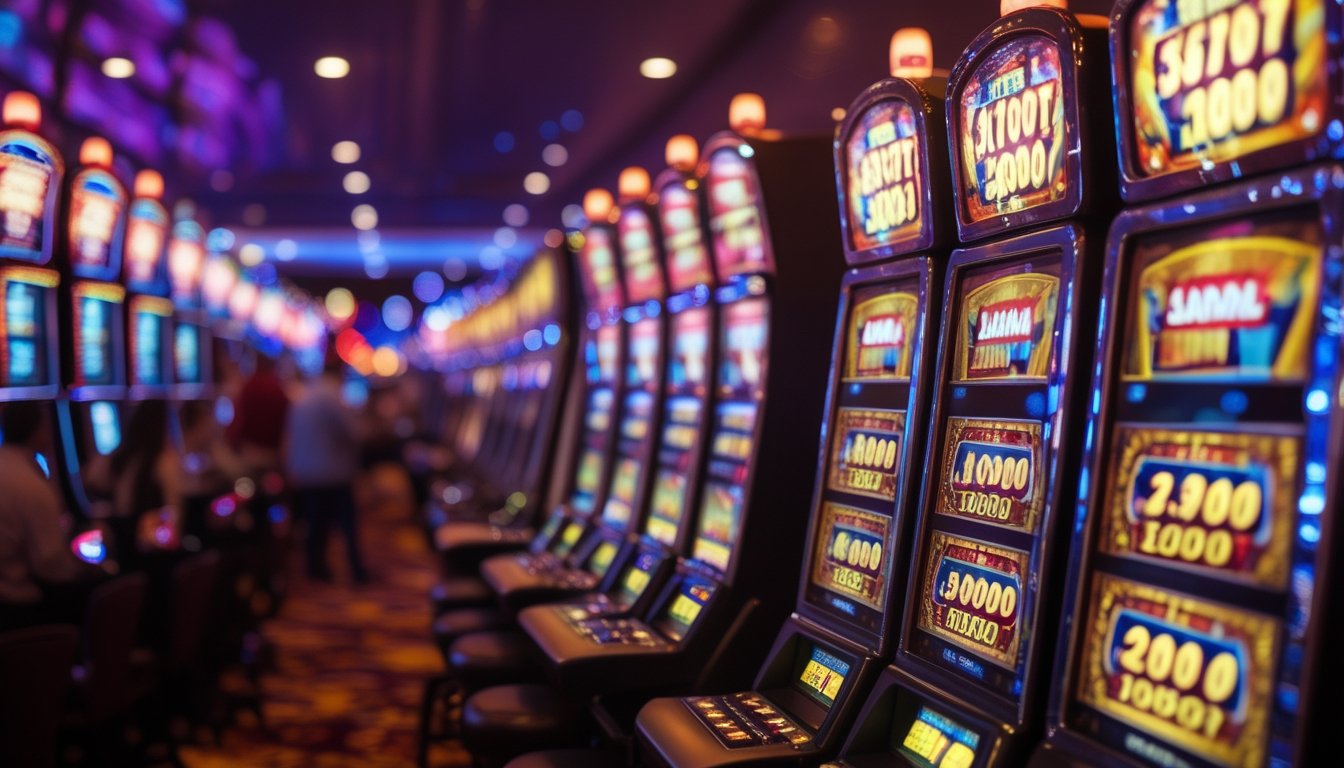 Deretan mesin slot bergaya Vegas dengan lampu berwarna-warni dan suasana kasino yang ramai.